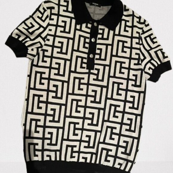 Balmain Men Monogram Wool & Linen Polo Shirt - Picture 2 of 3